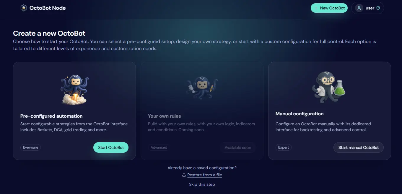 Start a manual OctoBot from the node by clicking New OctoBot
