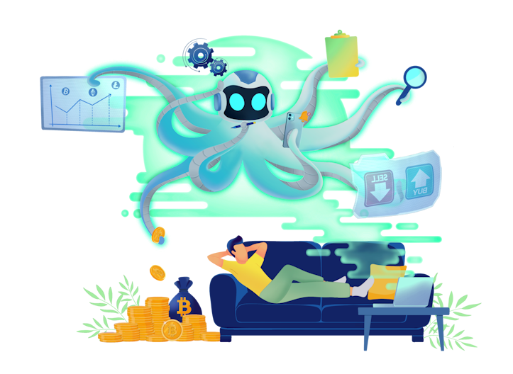 A investor relaxing in his couch while OctoBot is making money by automating cryptocurrency strategies