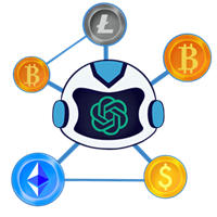 ai trading illustrated by octobot head with chatgpt logo trading bitcoin ethereum litecoin usd logos