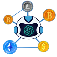 ai trading illustrated by octobot head with chatgpt logo trading bitcoin ethereum litecoin usd logos