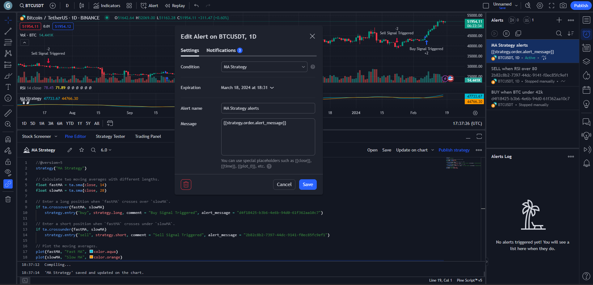creating a strategy alert from tradingview