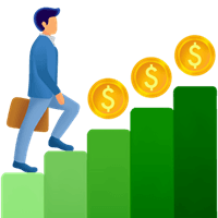 grid trading illustrated by a man stepping up on green stairs grabbing coins