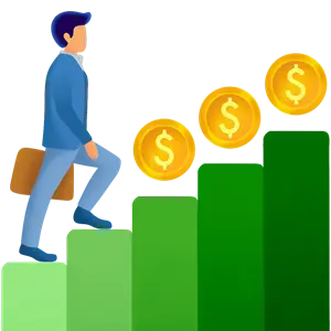grid trading illustrated by a man stepping up on green stairs grabbing coins