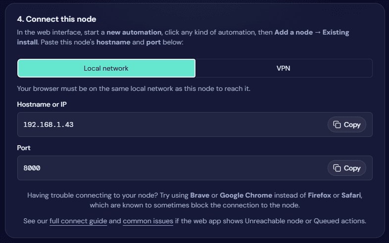 OctoBot node connect screen with Local network tab