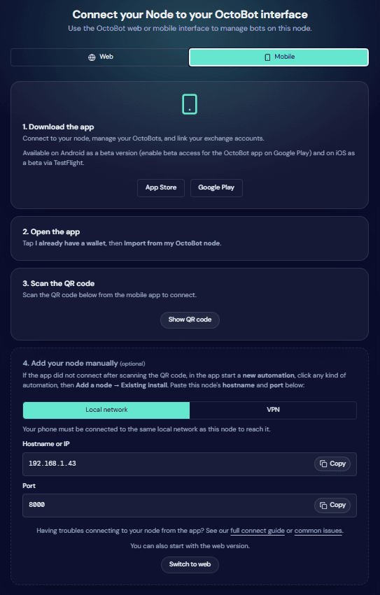 OctoBot node connect screen with Mobile tab