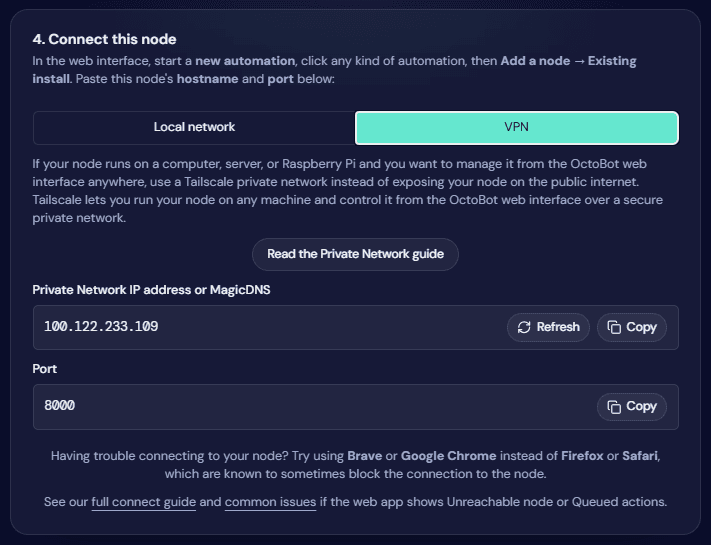OctoBot node connect screen with VPN tab