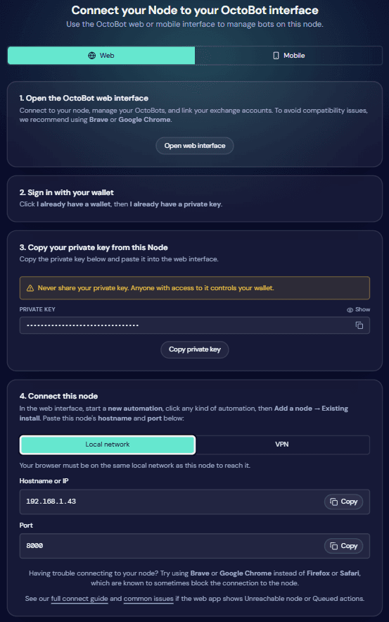 OctoBot node connect screen with Web tab