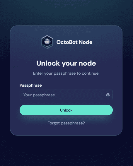 OctoBot node interface login screen on the computer that runs the node