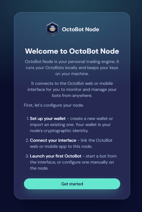 OctoBot node interface welcome screen on the computer that runs the node