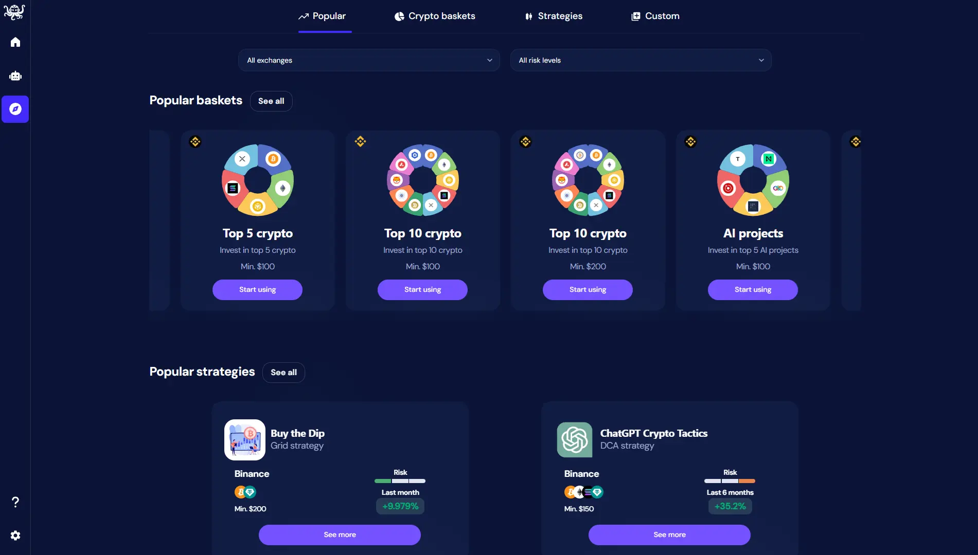 OctoBot cloud strategies explorer with crypto baskets and strategies
