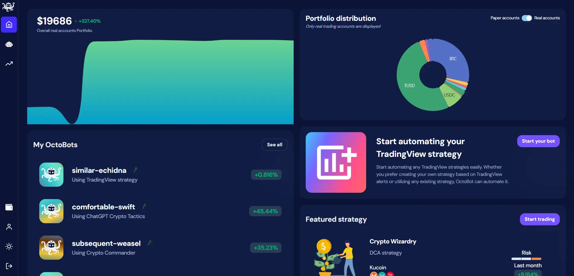 octobot multi exchange dashboard with historical portfolio value holdings pie chart and running bots