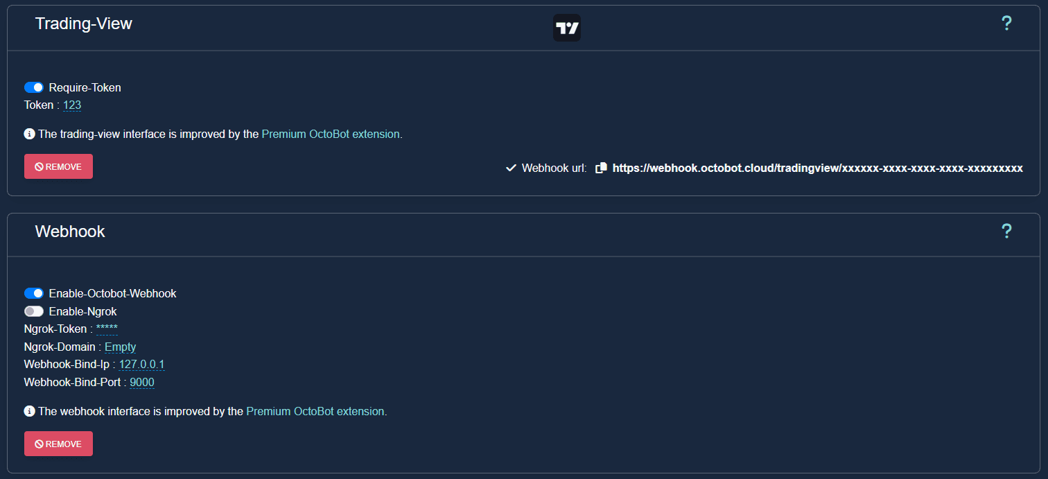 octobot open source configured tradingview alert and webhook config