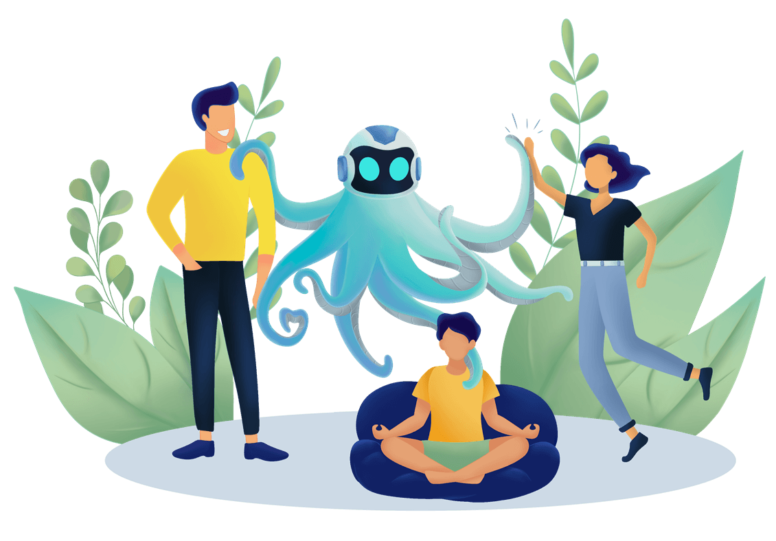 OctoBot with 3 happy relaxed investors giving high five feeling safe and comfortable