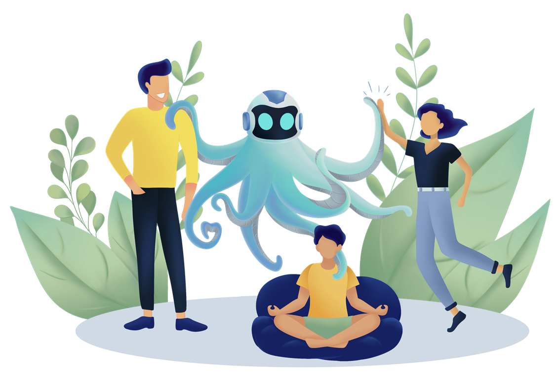 octobot with 3 happy relaxed traders giving high five feeling safe and comfortable