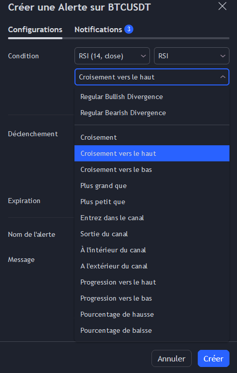 options de declanchement pour creer une alerte depuis un indicateur tradingview