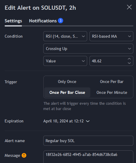 regular buy solana on rsi ema threshhold tradingview alert configuration