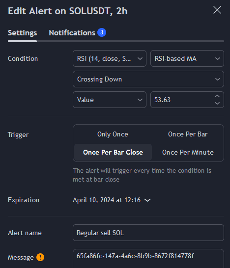 regular sell solana on rsi ema threshhold tradingview alert configuration
