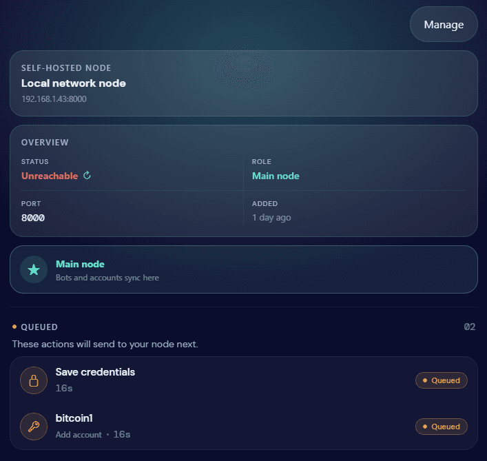 OctoBot web app showing an unreachable node with queued actions