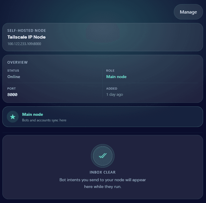 OctoBot web app showing an online self-hosted node