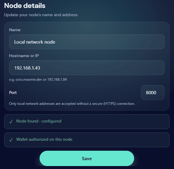 OctoBot web app Node details with local network address configured