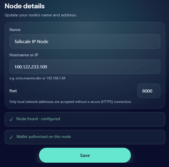OctoBot web app Node details with Tailscale address configured